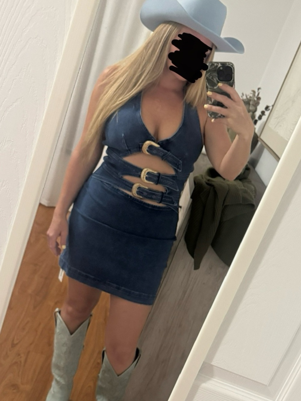 Denim Cutout Mini Dress with Buckle Detail & Halter - Navy